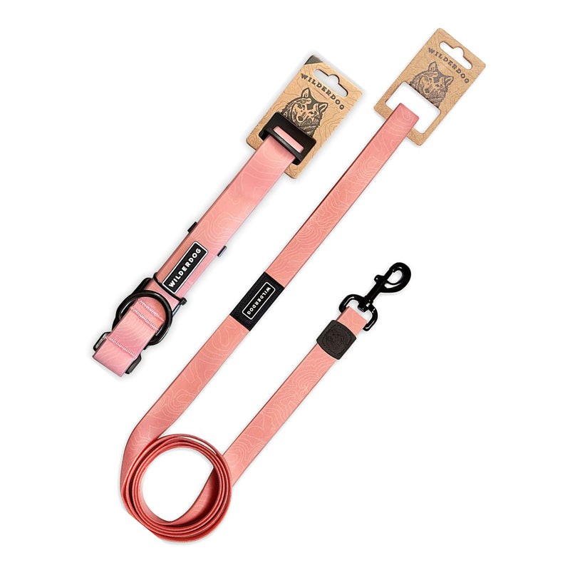The Guava Waterproof Leash + Collar Bundle features a pink stink-proof set with black metal hardware and branded tags, shown side by side on a white background with cardboard packaging—ideal for lovers of durable dog gear.
