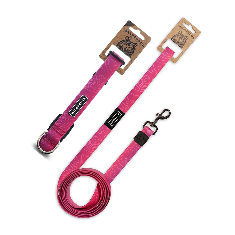 The Plum Waterproof Leash + Collar Bundle features a pink, waterproof collar and matching leash with white line patterns, "WILD DOG" labels, and tags—durable dog gear for daily walks, displayed on a white background.