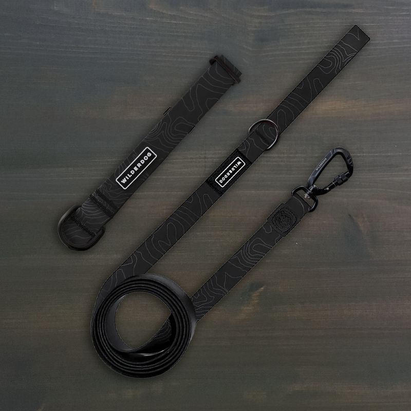 Black Waterproof Pro Leash + Collar Bundle: one coiled, one extended, on a dark wood surface.