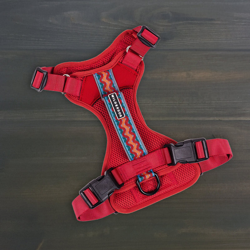 Dog Harness: Red, adjustable, colorful zigzag pattern, metal ring, black buckle on dark wood surface.