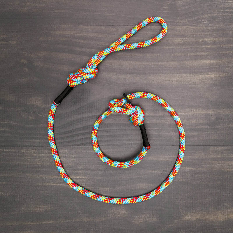 The Aprés Slip Lead, a multi-colored rock climbing rope dog leash, is laid out on a wooden surface. The leash is coiled into a loop with a knot on one end and a distinct loop on the other, commonly used for various outdoor activities or securing objects.