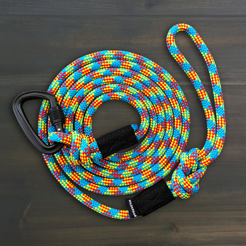A coiled Big Carabiner Rope Leash with a blue, yellow, orange, and white pattern rests on a dark wooden surface. One end features a black locking carabiner; the other end has a knotted loop.