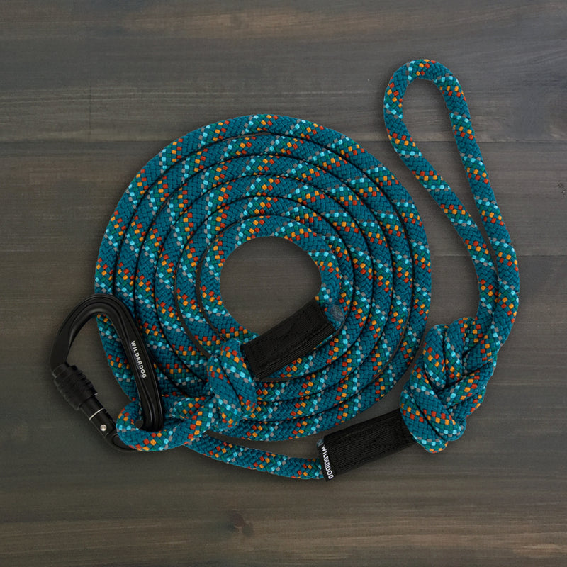 The Big Carabiner Rope Leash is a coiled blue, orange, and white reflective dog leash with a black locking carabiner, a loop, and a knot at one end. It’s shown lying on a dark wooden surface.