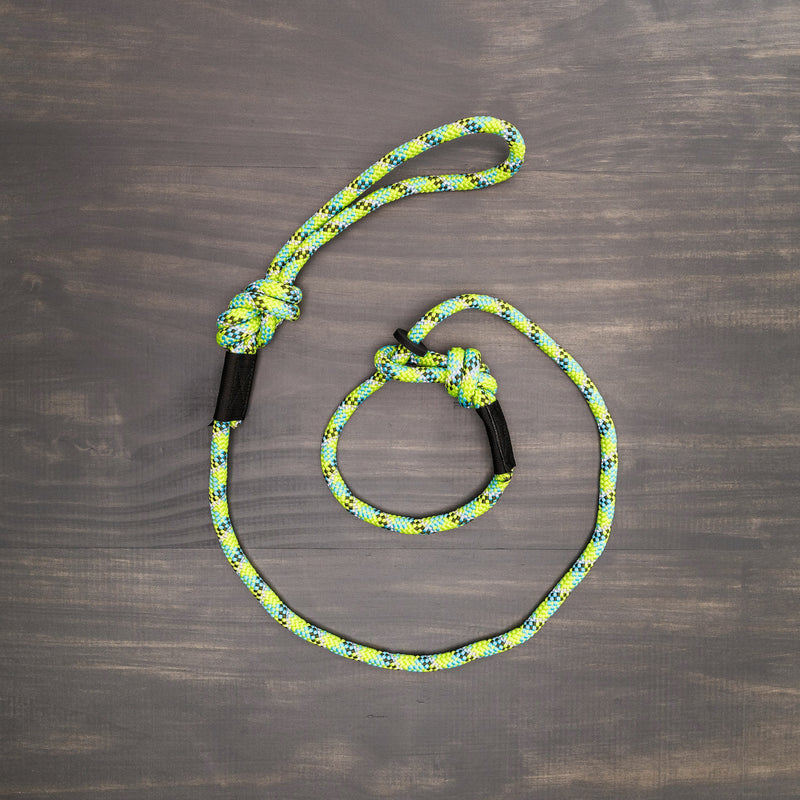 An image of the "Lime Reflective Slip Lead," a coiled climbing rope leash with loops at both ends, placed on a wooden surface. The leash showcases a multicolor pattern in shades of green, yellow, blue, and white and includes black protective sleeves near the loops.