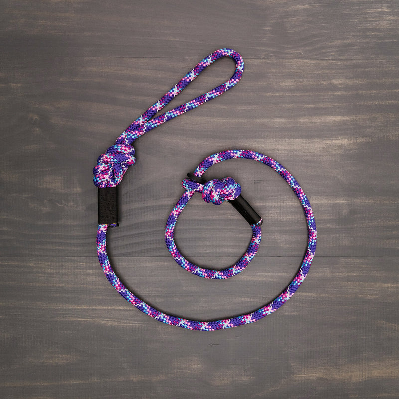 The Razzleberry Reflective Slip Lead, a colorful braided dog leash with shades of purple, pink, blue, and white, is coiled neatly on a dark wooden surface. Designed like a durable rock climbing rope, the leash features a loop handle and a secure knot near the clasping end.