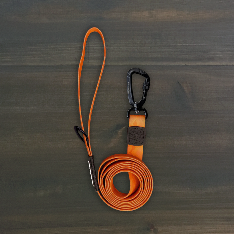 Terracotta Waterproof Pro Leash with loop handle and black clasp, coiled on a dark wooden surface.