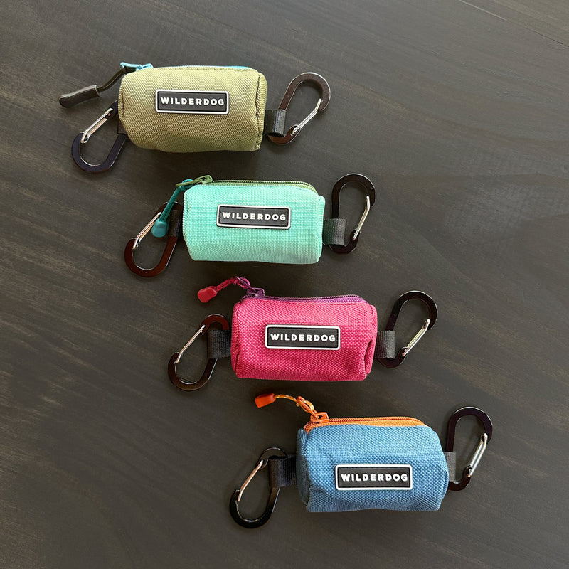 Four small rectangular Dog Poop Bag Holders in green, teal, pink, and blue are arranged diagonally on a dark surface, each featuring a black carabiner for easy leash attachment.