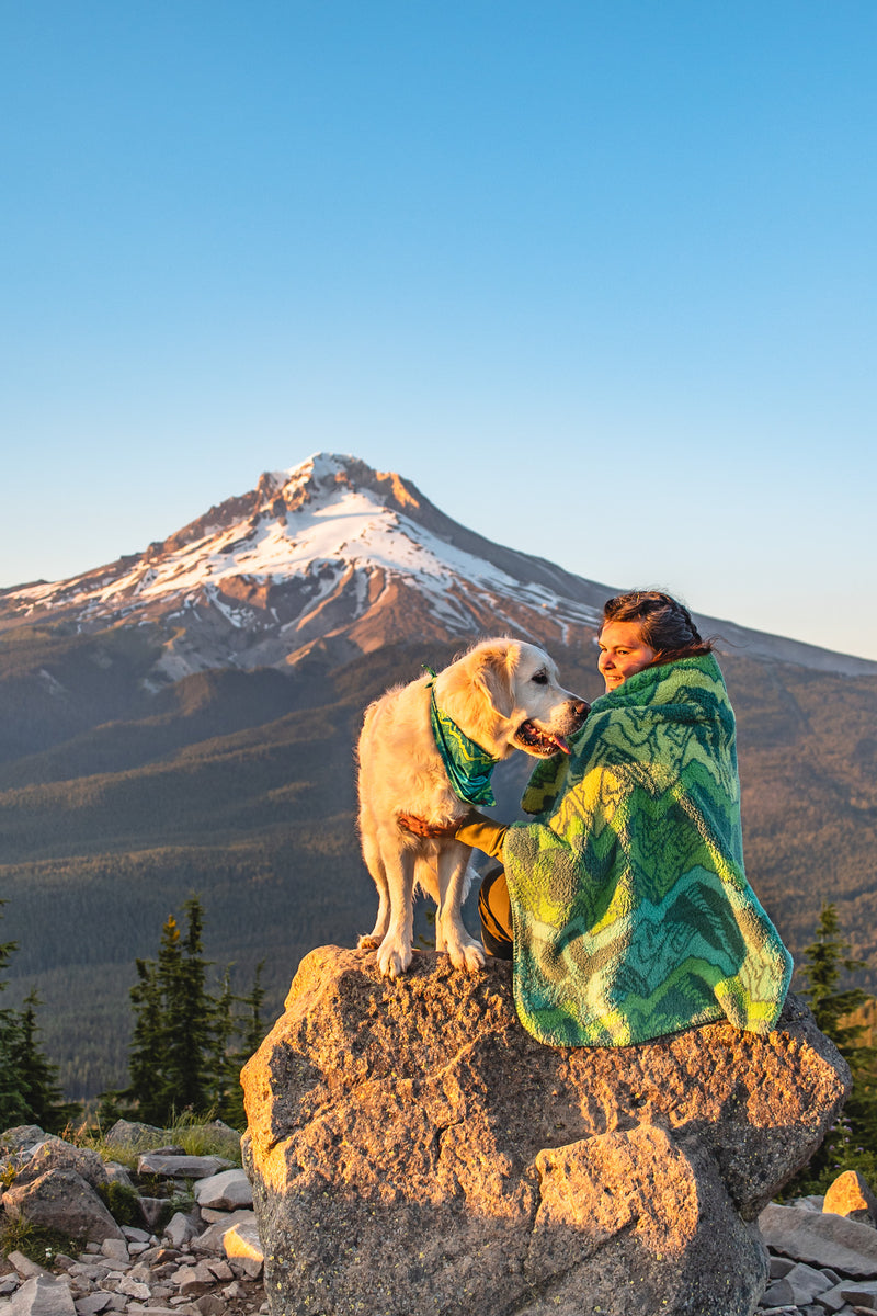 dog and woman in front of mountain wrapped in green blanket