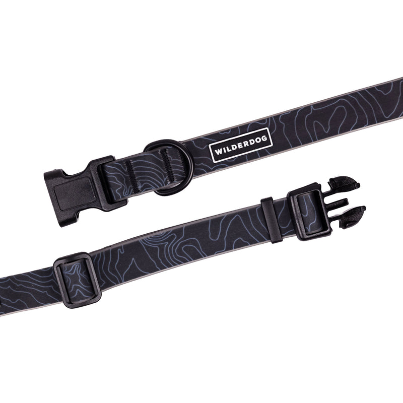 black waterproof collar on a white background; Brian Walker product photograph