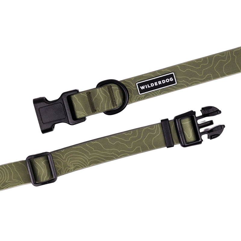 olive waterproof collar on a white background; Brian Walker product photograph