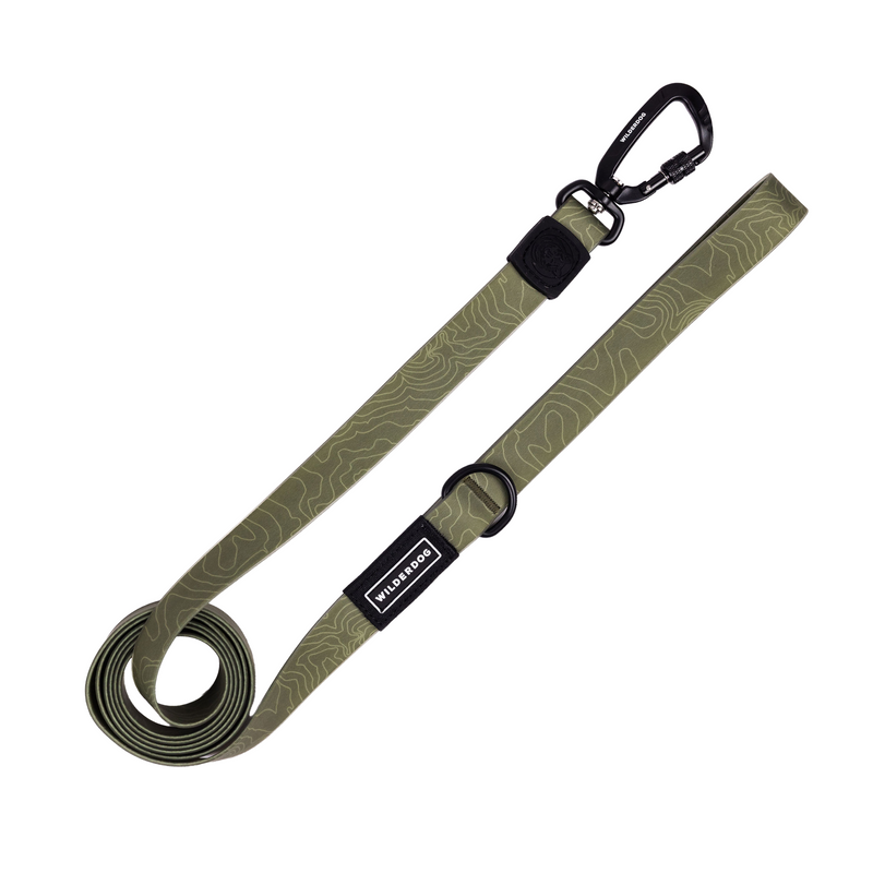 olive waterproof leash on a white background; Brian Walker product photograph
