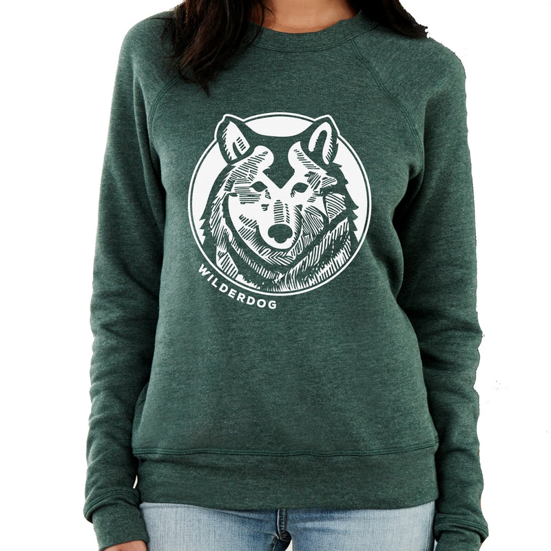 Model in green Wilderdog Wolf Sweatshirt featuring “WILDERDOG” text and wolf graphics on the front.