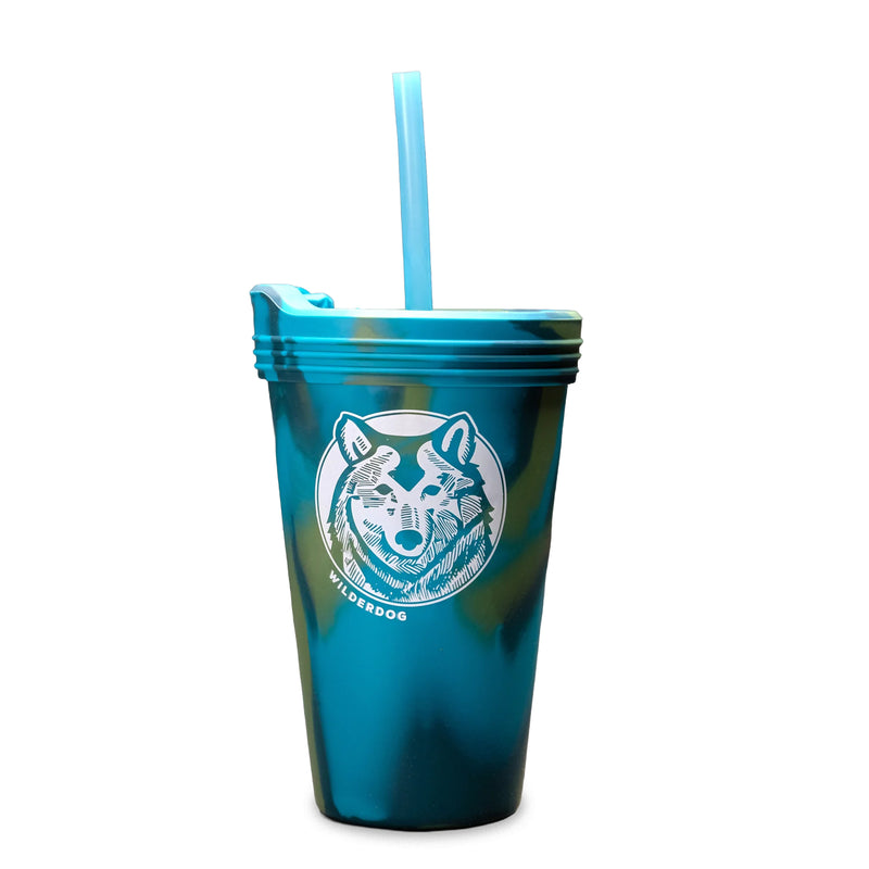 16 oz Silipint Pint Glass in blue-green with wolf logo, lid, and blue straw—great for spill-free drinks anywhere.