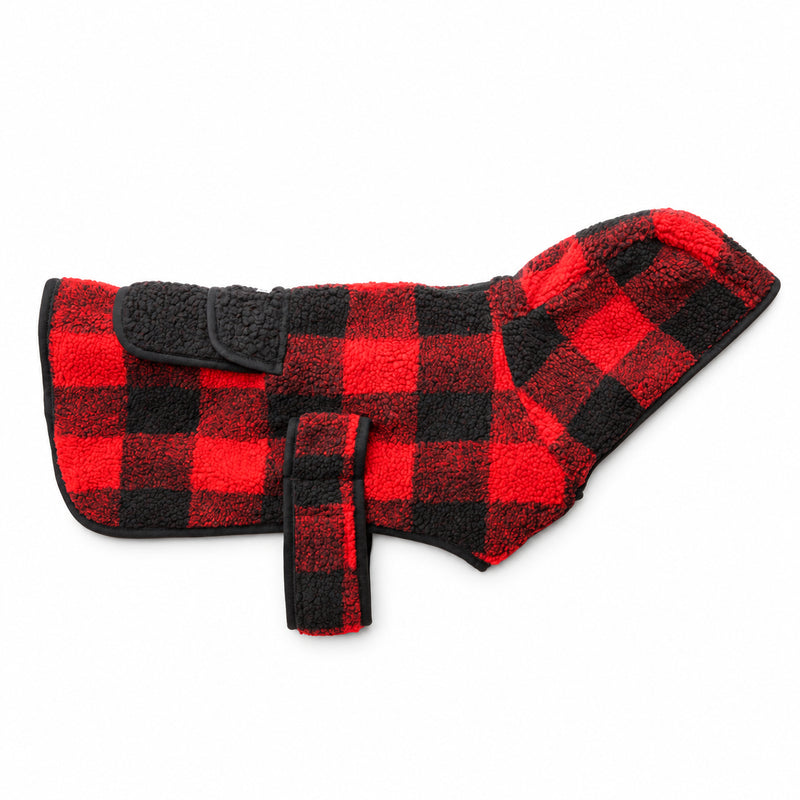 Plaid Shacket in red and black fleece with Velcro straps, shown laid flat on a white background.