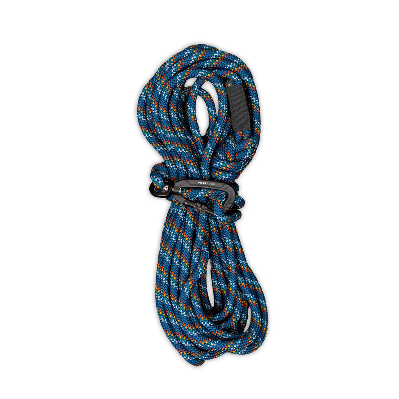 Pacific Blue Reflective Long Lead - 30ft, coiled with black carabiner, shown on white background.