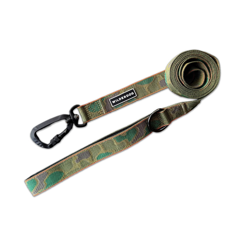 Camo Ultralight Leash: green camo dog leash with black metal clip, “Wilderdog” label, shown coiled on white.
