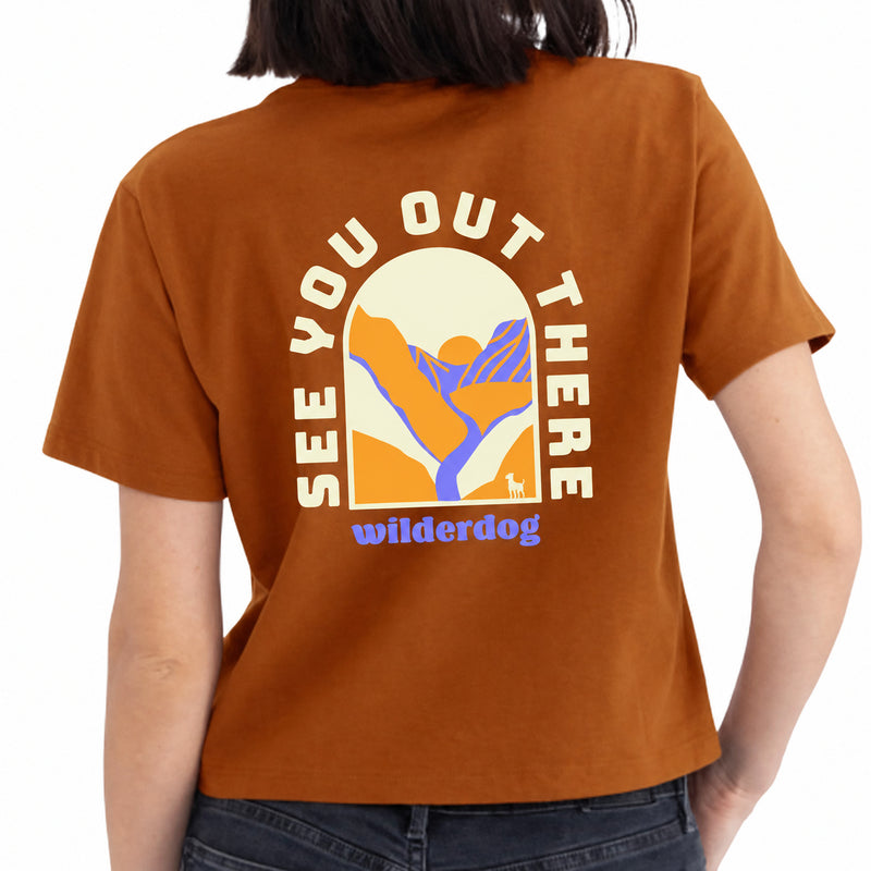 Person in a Boxy Crop Tee Shirt, 100% US ring-spun cotton, with mountain graphic and text.