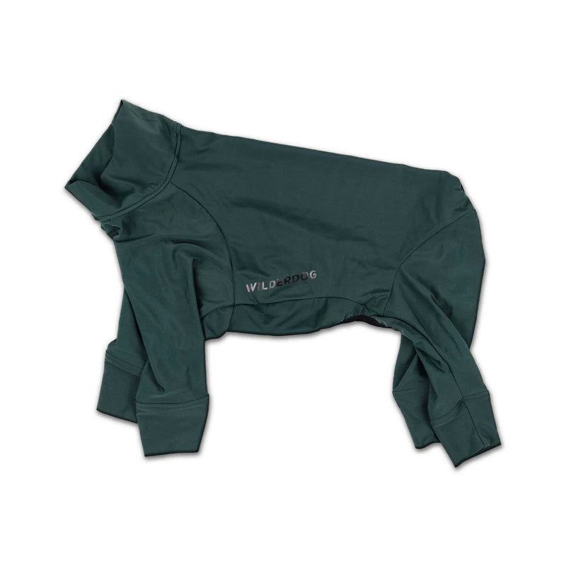 Powsuit dark green dog jacket with high collar and sleeves gives full-body snow protection and features “Wilderdog” logo.