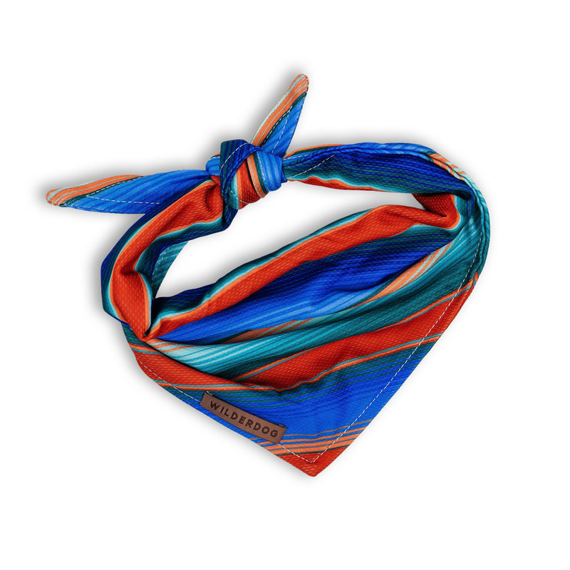 Vaquero Bandana: Triangular blue, orange & teal striped quick-dry bandana with knot and “Wilderdog” tag.