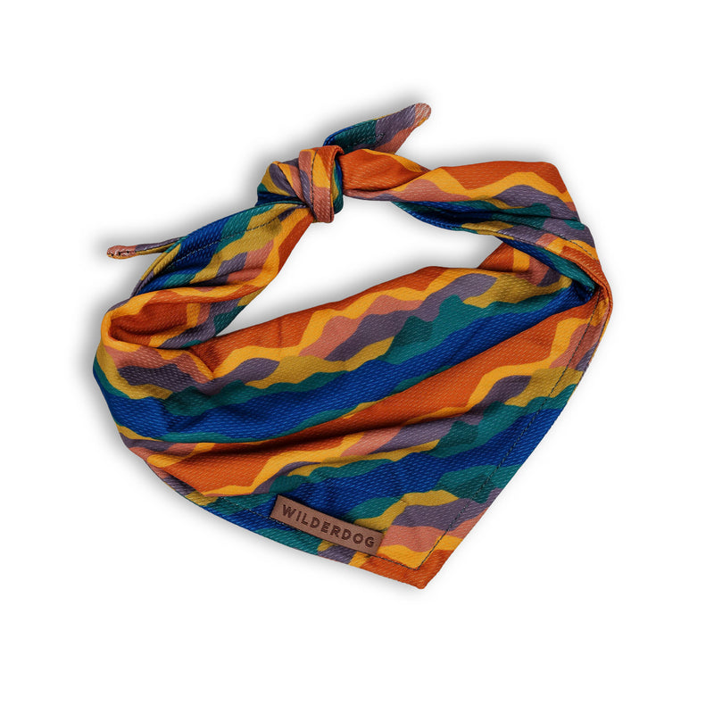 Canyon Bandana: quick-drying, colorful geometric dog bandana with Wilderdog label—ideal cooling gear for adventures.
