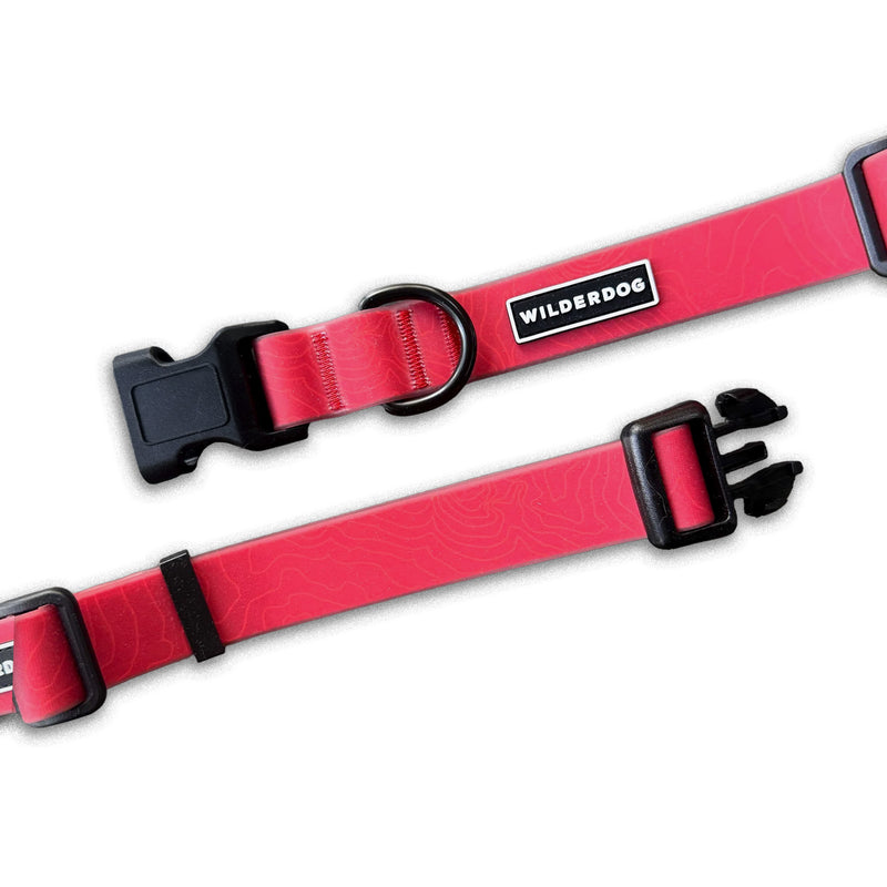 Two Red Waterproof Collars with black buckles and D-rings, displayed on a white background.