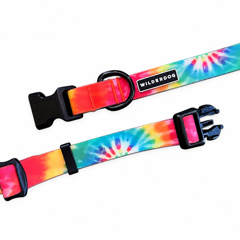 Two Tie Dye Waterproof Collars with black buckles and “WILDERDOG” labels on a white background.