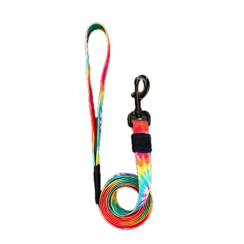 Tie Dye Waterproof Leash—PVC coated, stink-free, metal clasp—colorful, durable design coiled on white.