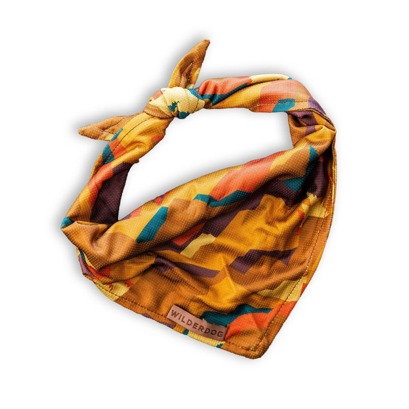 Autumn Air Bandana: orange, geometric polyester cooling bandana with knot and “Wilderdog” label on white.