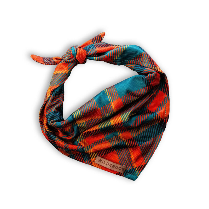 Pumpkin Spice Plaid Bandana: Lightweight, quick-dry dog accessory with knot; labeled “Wilderdog.”.