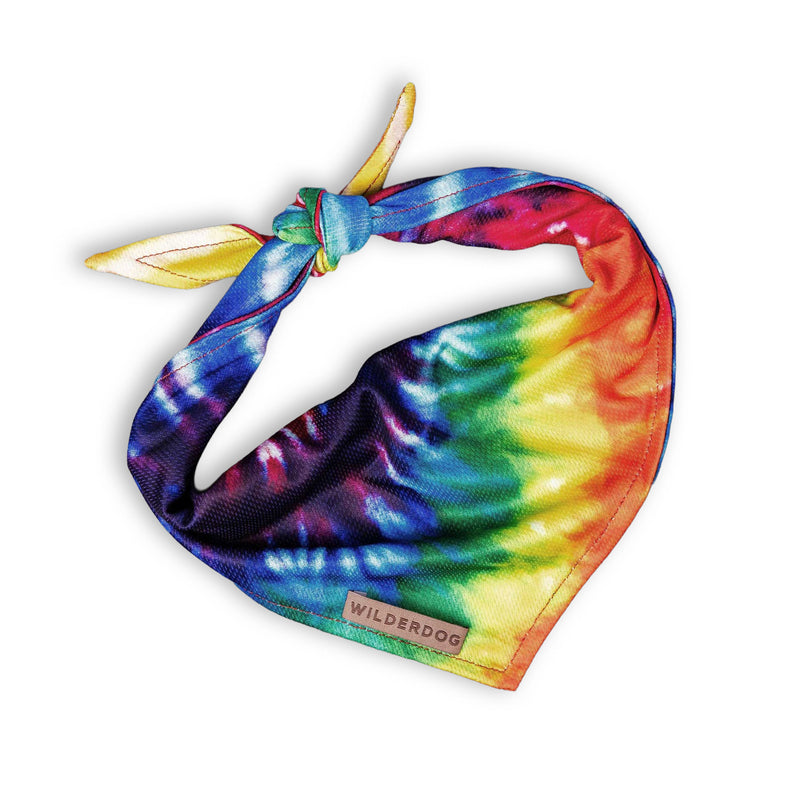 Tiedye Bandana by Wilderdog, quick-drying, knotted at top with label, shown on white background.