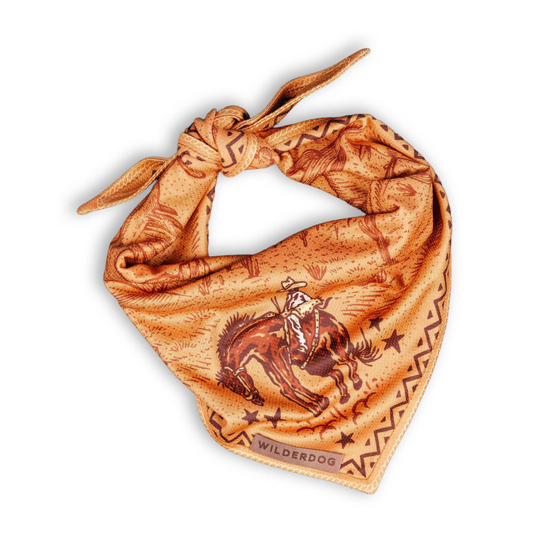 Cowpoke Bandana: orange, quick-drying, cowboy print, knotted, “WILDERDOG” logo—ideal dog cooling accessory.