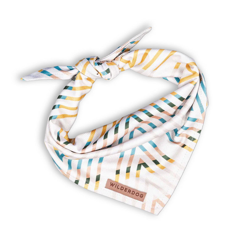 Cream Bandana: Quick-drying, cream with blue/yellow/tan stripes, knot-tied, features a brown “Wilderdog” tag.