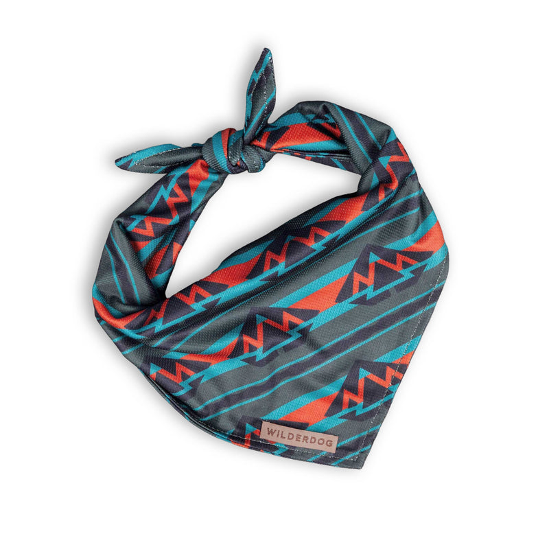 Olive Bandana: Lightweight polyester with blue, red, and black geometric design—great as a dog cooling accessory.