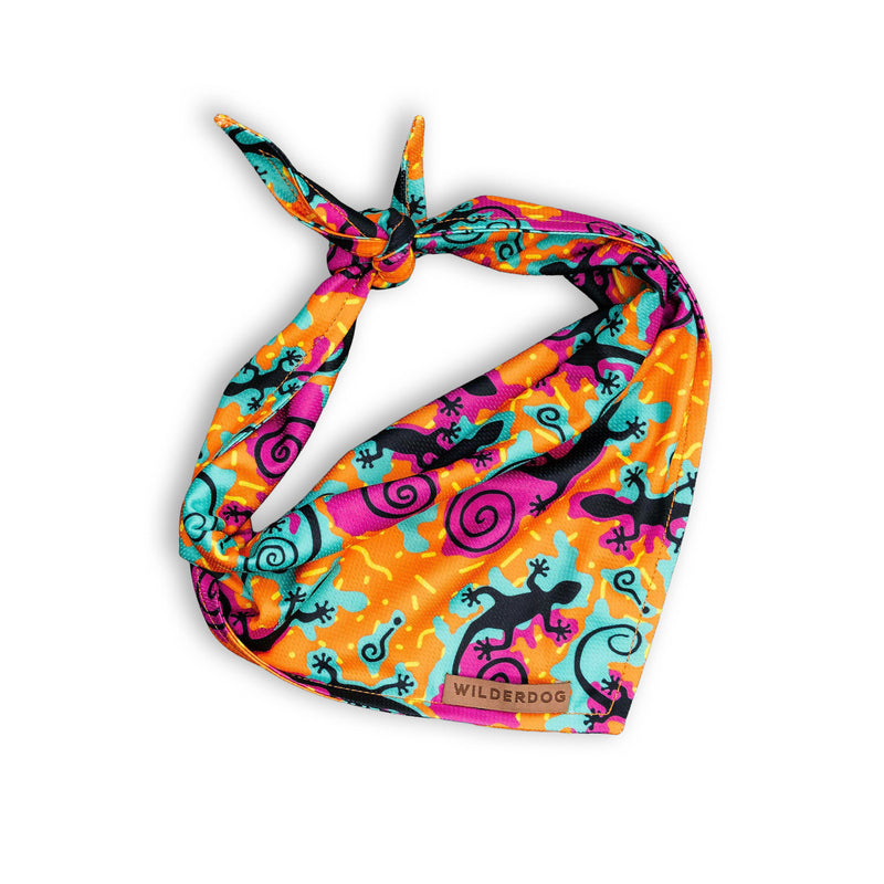 Lightweight “The Lizards Bandana”: colorful gecko print, tie top, “Wilderdog” tag on edge—fun pet accessory!.