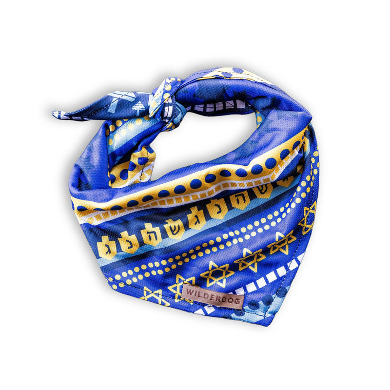 Hanukkah Bandana in blue and yellow with dreidels, dots, Stars of David, plus a Wilderdog label on the front.