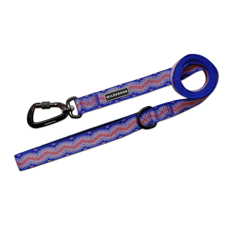 Fireweed Ultralight Leash: blue/pink pattern, aluminum carabiner, black “Wilderdog” label.