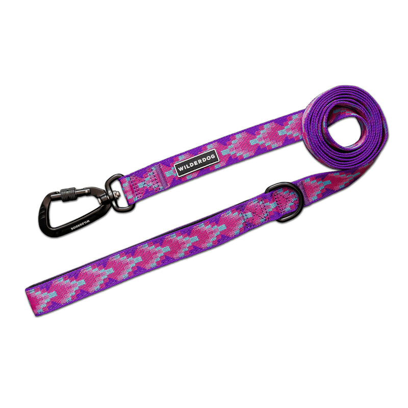 Lupin Ultralight Leash: purple and pink polyester, black metal clip, “Wild & Woof” label, lightweight design.