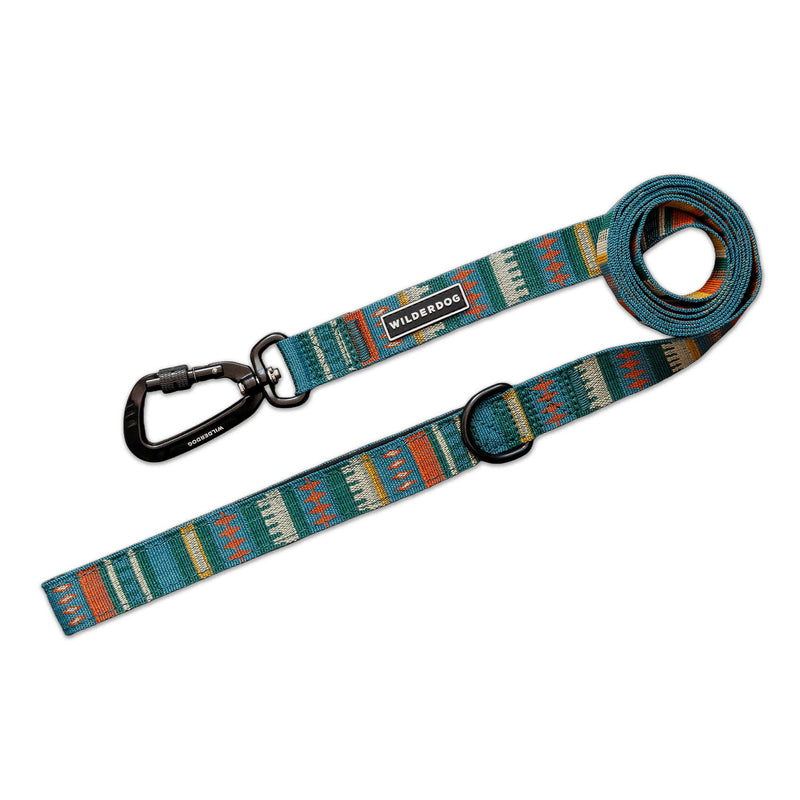 Yucca Ultralight Leash: Teal-orange patterned, lightweight polyester, black clip, Wilderdog label.