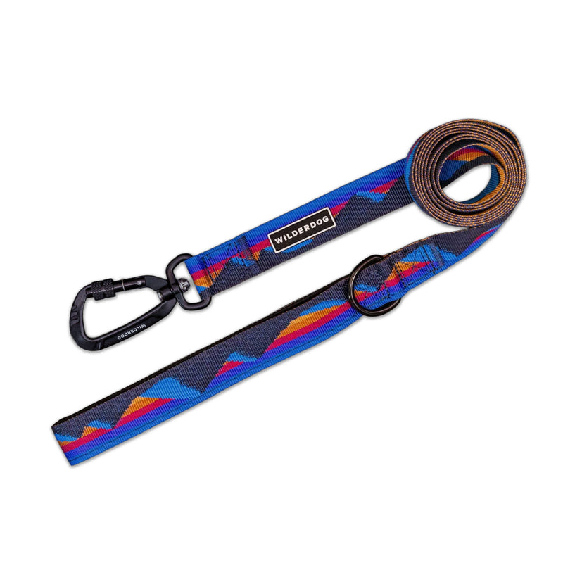 Cordillera Ultralight Leash: colorful, padded handle, black metal clip, Wilderdog label, coiled on white background.