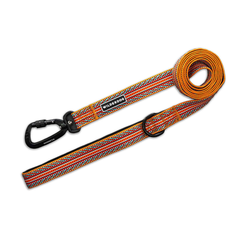 Sienna Ultralight Leash in orange, red, and blue pattern with black clip and loop, coiled on white background.