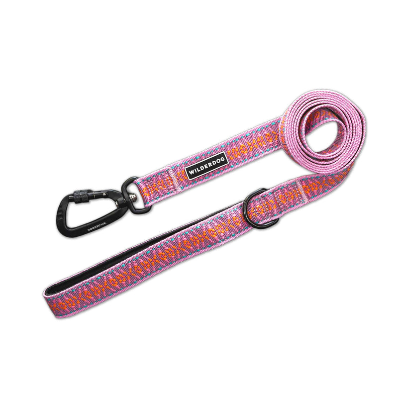 Lilac Ultralight dog leash with black aluminum carabiner, “Wilderdog” label, coiled on a white background.