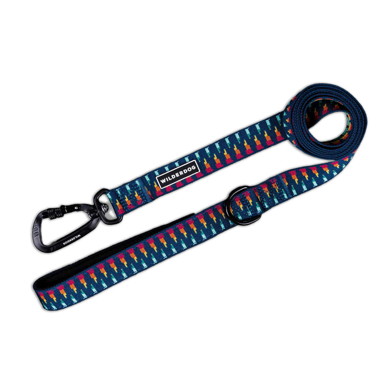 Marina Ultralight Leash with colorful tree pattern, black clasp, Wilderdog label, coiled on white background.