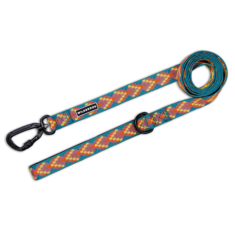 The Havasu Ultralight Leash features a colorful pattern, lightweight webbing, black clasp, metal ring, and Wilderdog label.
