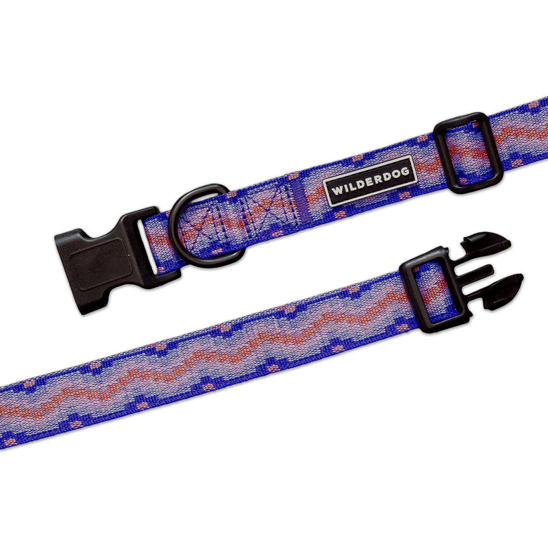 Fireweed Ultralight Collar in blue and purple pattern with heavy-duty plastic buckle, shown unclasped.