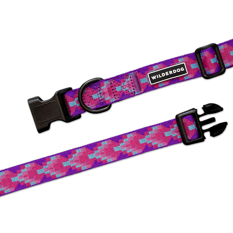 Lupin Ultralight Collar: Purple/pink pixel pattern, sturdy buckle, metal D-ring, and “Wilderdog” label.