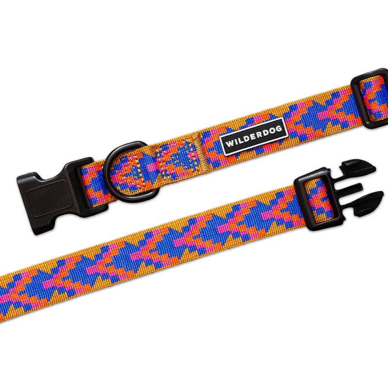 Two Sandstone Ultralight Collars with yellow polyester webbing and “WILDERDOG” brand tag.
