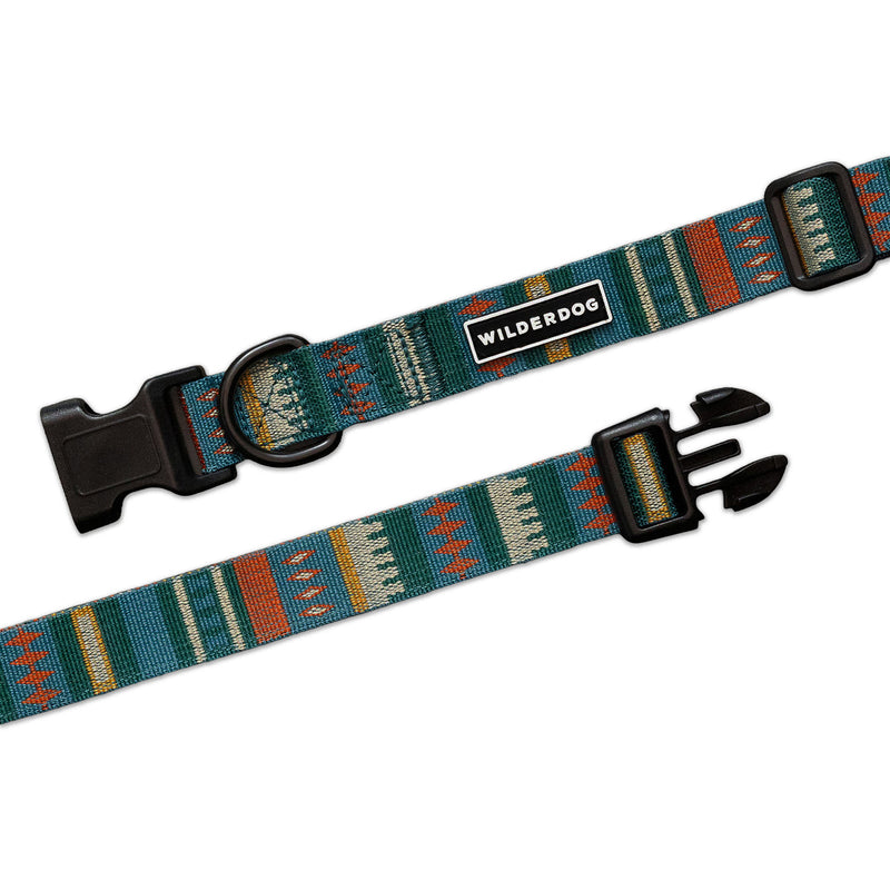 Yucca Ultralight Collar: Teal pattern, lightweight polyester webbing, black plastic buckle.