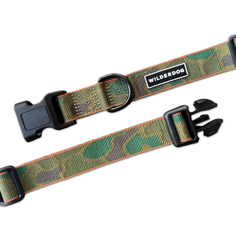 Two Camo Ultralight Collars in green, made of lightweight polyester with heavy-duty buckles and Wilderdog labels.