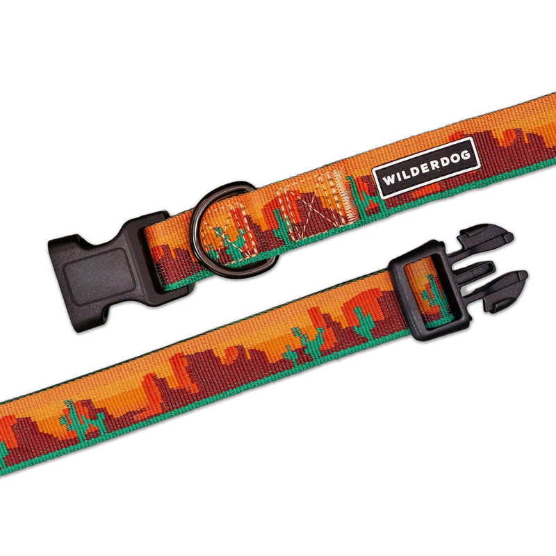 Moab Ultralight Collar: orange/green desert landscape design, heavy-duty buckle, and lightweight polyester webbing.
