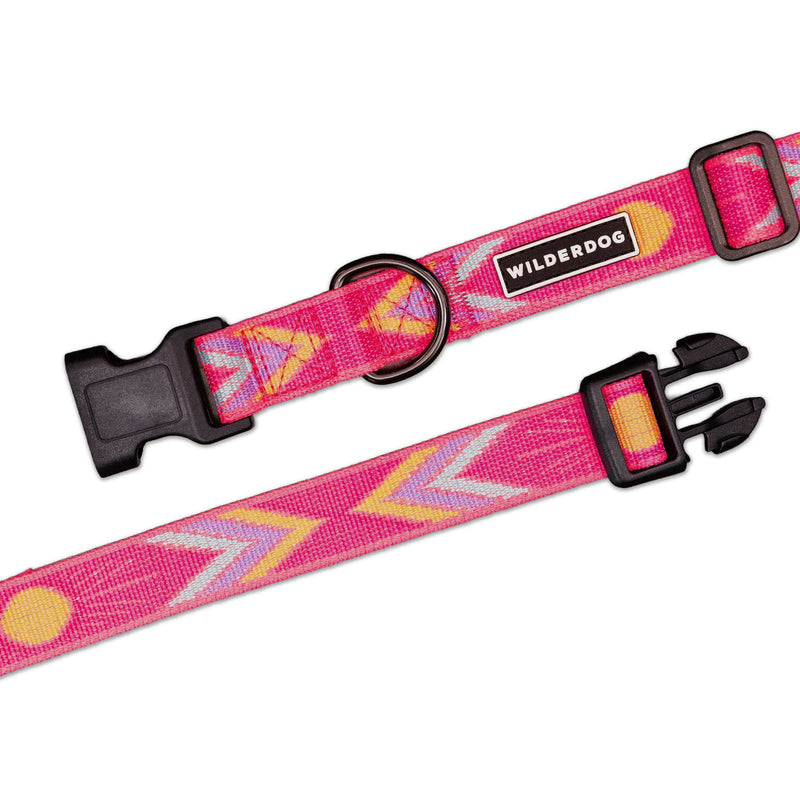 Playa Ultralight Collar in pink with durable plastic buckle and orange, yellow, silver arrow design.